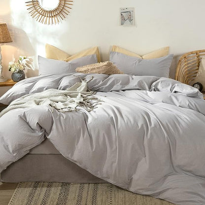 MooMee Bedding Duvet Cover Set 100% Washed Cotton Linen Like Textured Breathable Durable Soft Comfy (Lavender Grey, Queen)