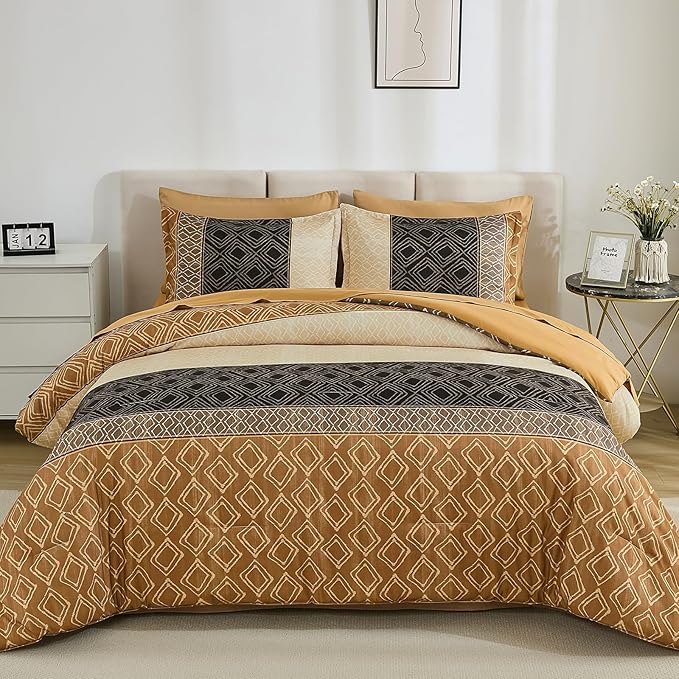 Dinjoy Boho Queen Comforter Set Brown,7 Piece Bed in a Bag Queen Size Warm Fall Bedding Sets Striped Comforters Bed Set with Sheets for Family All Season
