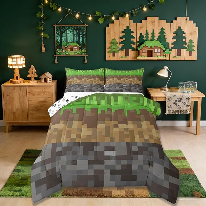 Miners Pixel Checked Comforter Set King Size,Video Games Check Lattice Kids Bedding Set,Game Cartoon Gamepad Quilt Comforter,Gray Green Brown Duvet Insert,2 Pillowcases