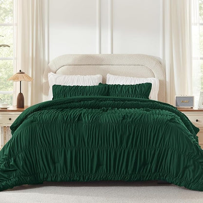 Andency Ruched Dark Emerald Green King Size Comforter Set, Shabby Chic Pleated Bedding Sets 3 Pieces, Lightweight Soft Boho Ruffle Bed Set for Girls, Kids, Women, All Season