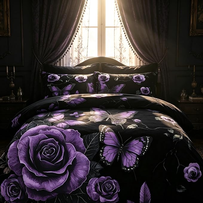 Black Vintage Comforter Set Twin Size, Black Red Floral Bedding Set for Gothic Bedroom Decor, 2 Pieces Soft Microfiber Lightweight Comforter Set with 1 Pillowcase, 68"x86"