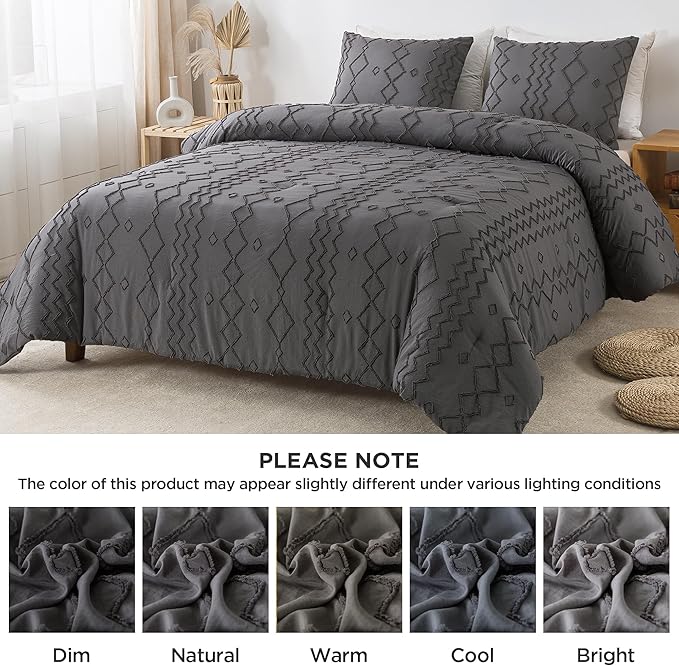 Andency Dark Gray Tufted Comforter Set Queen(90x90Inch), 3 Pieces(1 Tufts Comforter, 2 Pillowcases) Boho Textured Farmhouse Bed, Microfiber Down Alternative Geometric Bedding Set