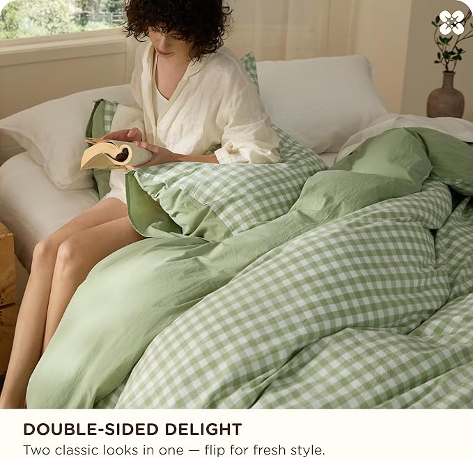 Bedsure Gingham Duvet Cover King Size, 100% Washed Cotton PureWoven Duvet Cover Linen Like Textured, Classic Yarn-Dyed Checkered Pattern Enhances Bedroom Comfort & Style, Gingham Sage Green, 104"x90"