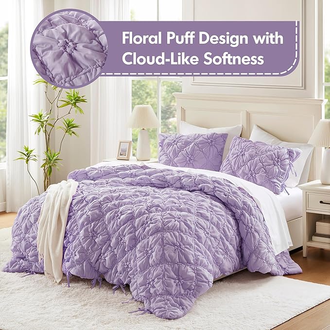 Intelligent Design Queen Comforter Set – Purple Lily Puffy Floral Shabby Chic Boho Bedding Comforter Set, Pinch Pleat Bedding Sets, Ultra-Soft, Lightweight & All-Season, Full/Queen