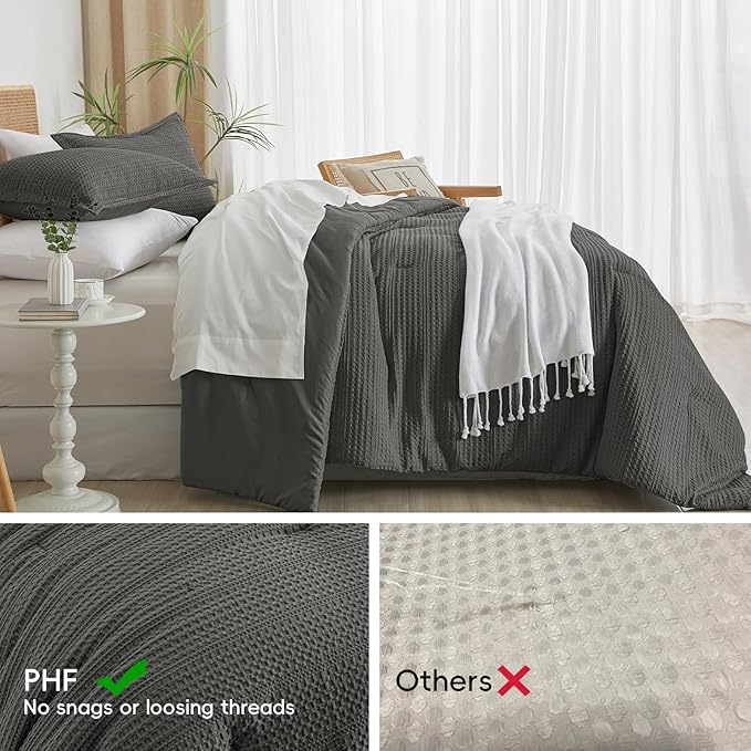PHF Soft Waffle Comforter Set Queen Size- Comfy Breathable Waffle Weave Comforter with 2 Pillow Shams, 3 Pieces Less Snagging Lightweight Textured Bedding Set for All Season, Grey
