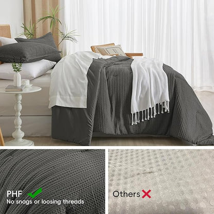 PHF Soft Waffle Comforter Set Queen Size- Comfy Breathable Waffle Weave Comforter with 2 Pillow Shams, 3 Pieces Less Snagging Lightweight Textured Bedding Set for All Season, Grey