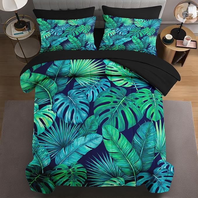 7 Pcs Full Size Comforter Set with 2 Pillowcases & 2 Shams, Tropical Palm Leaf Bedding for Kids and Adults, Green Floral Turquoise Bed in a Bag with Flat Fitted Sheet