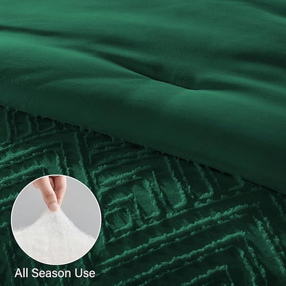 Zzlpp Queen Comforter Set 7 pieces, Emerald Green Tufted Bed in a Bag with Comforter and Sheets, All Season Boho Bedding Sets with Comforter, 2 Pillow Shams, 2 Pillowcases, 1 Flat Sheet