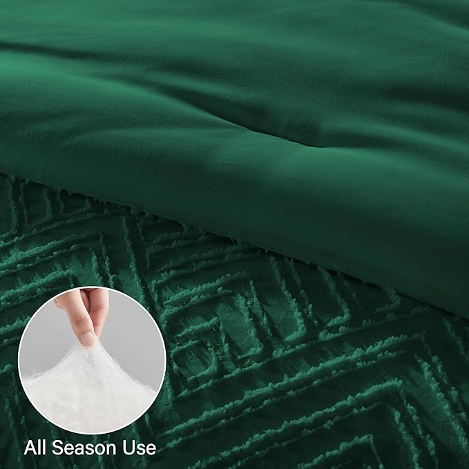 Zzlpp King Comforter Set 7 pieces, Emerald Green Tufted Bed in a Bag with Comforter and Sheets, All Season Boho Bedding Sets with Comforter, 2 Pillow Shams, 2 Pillowcases, 1 Flat Sheet, 1 Fitted Sheet