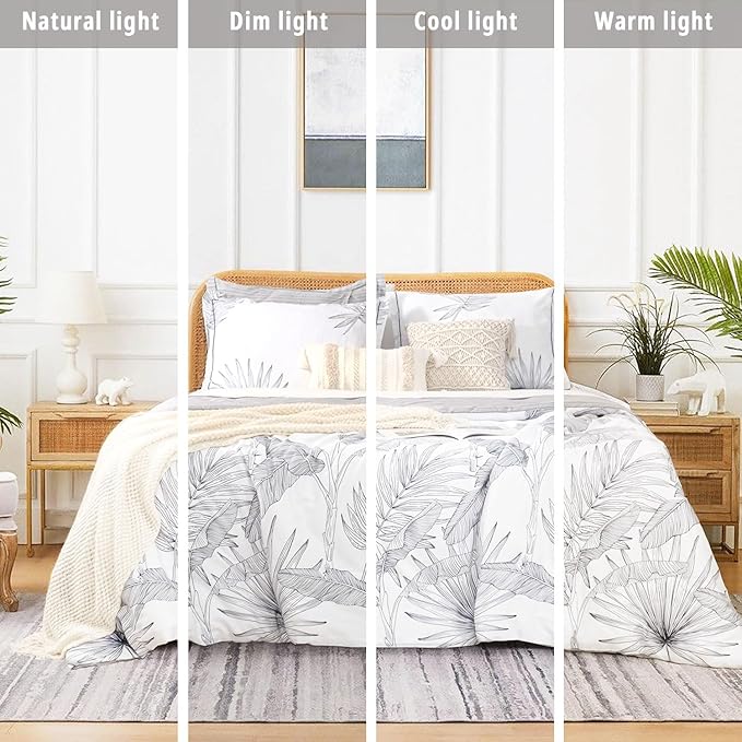 Botanical Cotton Comforter King Size - White Comforter with Delicate Black Leaves Patterns,Grey Reversible Lightweight Bedding Sets 3Pcs(Stripes)