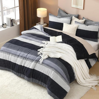 Litanika Fluffy Fleece Queen Comforter Set, Luxury Soft Plush Fuzzy Dark Grey Stripe Bedding Comforter Sets, Warm Shaggy Faux Fur Bed Set All Season (1 Comforter, 2 Pillowcases)