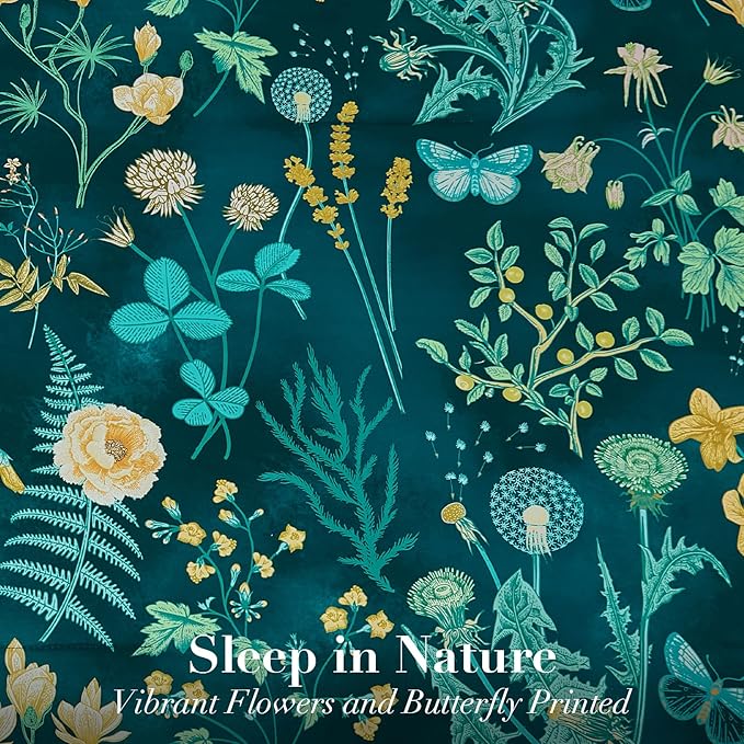 Yiran King Size Comforter Set 7 Piece, Teal Green Floral Bedding Set, Lightweight Bed in a Bag King with Botanical Flowers Spring, Soft Microfiber Complete Bedding Set with Sheets for All Season