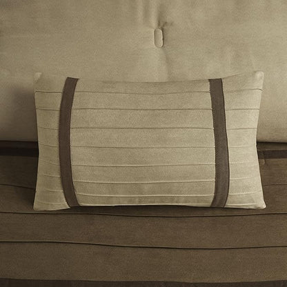 Madison Park Palmer Comforter Set - Faux Suede Design, Striped Accent, All Season Down Alternative Bedding, Matching Shams, Decorative Pillow, Bed Skirt, Full (82 in x 90 in), Natural 7 Piece