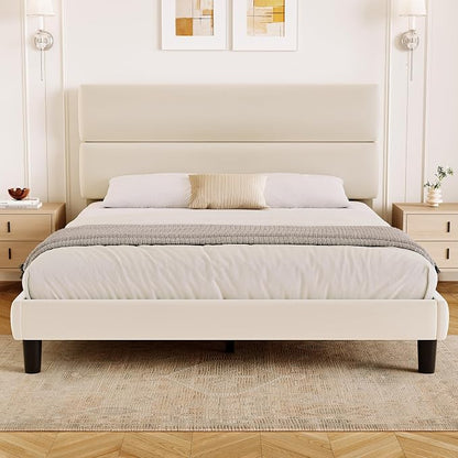GRUSIGN Queen Size Platform Bed Frame with Velvet Headboard, Adjustable Height Wooden Slats Support, Upholstered Mattress Foundation, Fits Mattress or Mattress with Box Spring, Easy Assembly, Beige