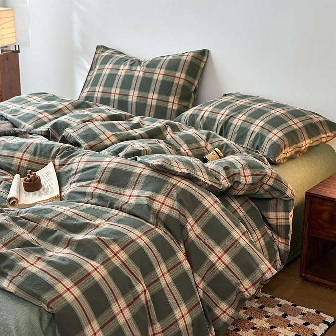 EAVD Vintage Style Green Plaid Duvet Cover Twin Soft 100% Washed Cotton Red Green Grid Checkered Bedding Set with 2 Pillowcases Retro Farmhouse Geometric Grid Duvet Cover with Zipper Closure