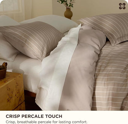 Bedsure Striped Duvet Cover King Size, 100% Washed Cotton PureWoven Duvet Cover Linen Like Textured, Classic Striped Pattern Enhances Bedroom Comfort and Style, Stripes Tan/White, 104"x90"