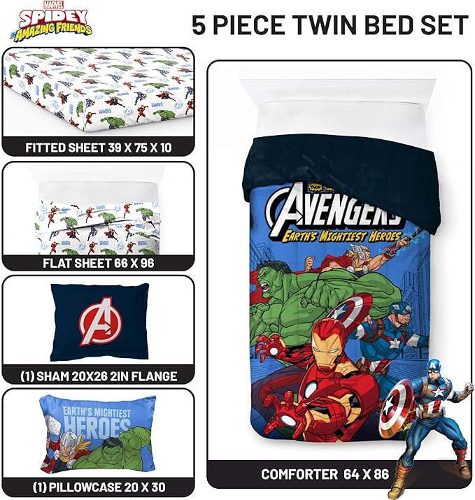 Jay Franco Kids Comforter Set Includes Sheets and Pillow Covers - Soft and Cozy Bed Set for Stylish Room Decor, Official Licensed Bedding, Blue - Avengers, 5 Piece Twin