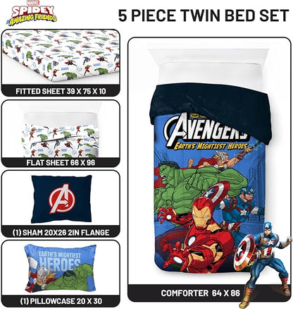 Jay Franco Kids Comforter Set Includes Sheets and Pillow Covers - Soft and Cozy Bed Set for Stylish Room Decor, Official Licensed Bedding, Blue - Avengers, 5 Piece Twin