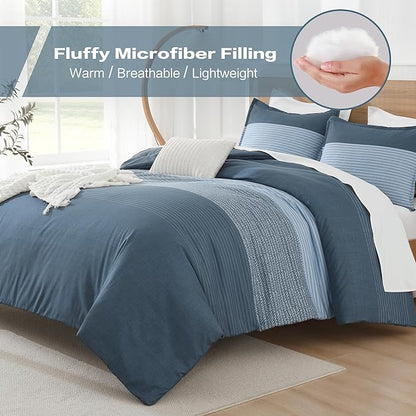 Litanika Comforter Set, Lightweight Colorblock Stripes Bedding Comforter Set, Fluffy Down Alternative Bed Set, Haze Blue, Full