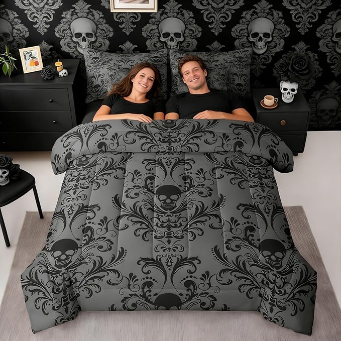 Erosebridal Gothic Damask Comforter Set 7 Piece Bed in a Bag Twin,Sugar Skull Bedding Sets Black Grey Victorian Floral Goth Sheet Set with Comforter