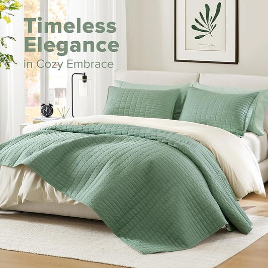 Comfort Spaces Sage Green Oversized King Quilt Set 120"x118" Bedspread Quilted Summer Lightweight Microfiber Bedding Coverlet with Double Sided Stitching Soft All Season 3 Piece with Matching Shams