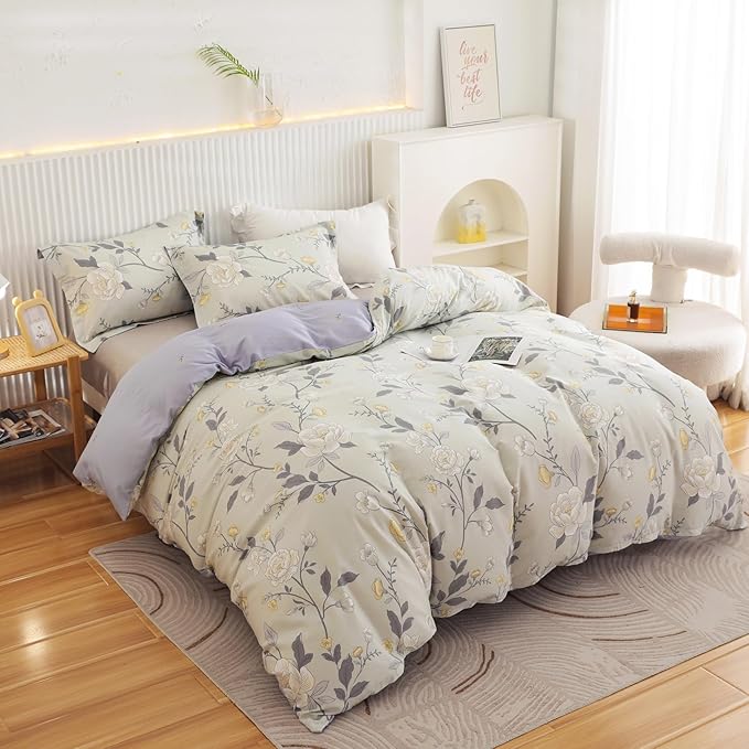 OAITE Duvet Cover Twin Size - 100% Cotton Comforter Cover Floral Duvet Cover Sets 3-PC, Breathable Duvet Cover with Zipper Closure & Corner Ties
