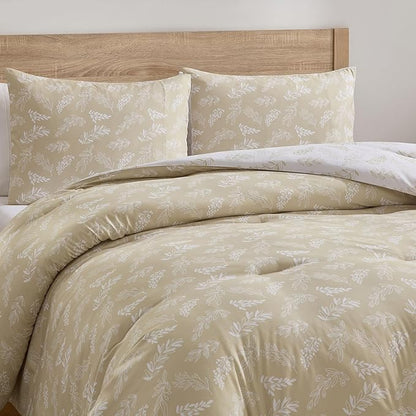 Nestl Queen Comforter Set - Oatmeal Bed in a Bag Queen Size, 3 Pieces Reversible Bed Set, Soft Floral Bedding Set, All Season Botanical Comforters with Pillow Shams