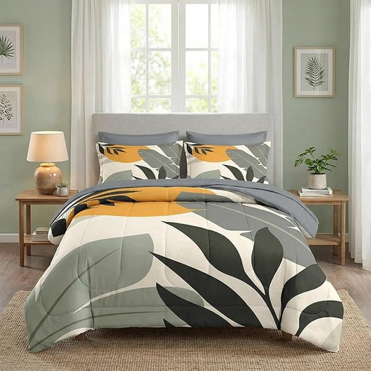 Comforter Set Twin Size, Tropical Palm Leaves 5 Pcs Bedding for Kids and Adults, Vintage Monstera Bed Sheet Sets with Fitted Sheet Pillowcase & Sham for Bedroom Bed Decor