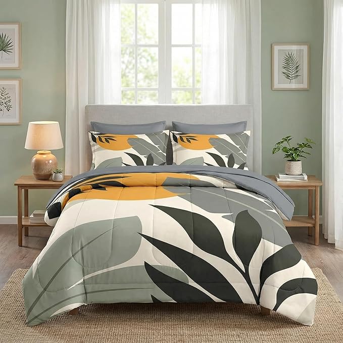 Comforter Set Full Size, Tropical Leaves Flower 7 Pcs Bedding for Kids and Adults, Vintage Floral Bed Sheet Sets with Fitted Sheet 2 Pillowcase & 2 Sham for Bedroom Bed Decor