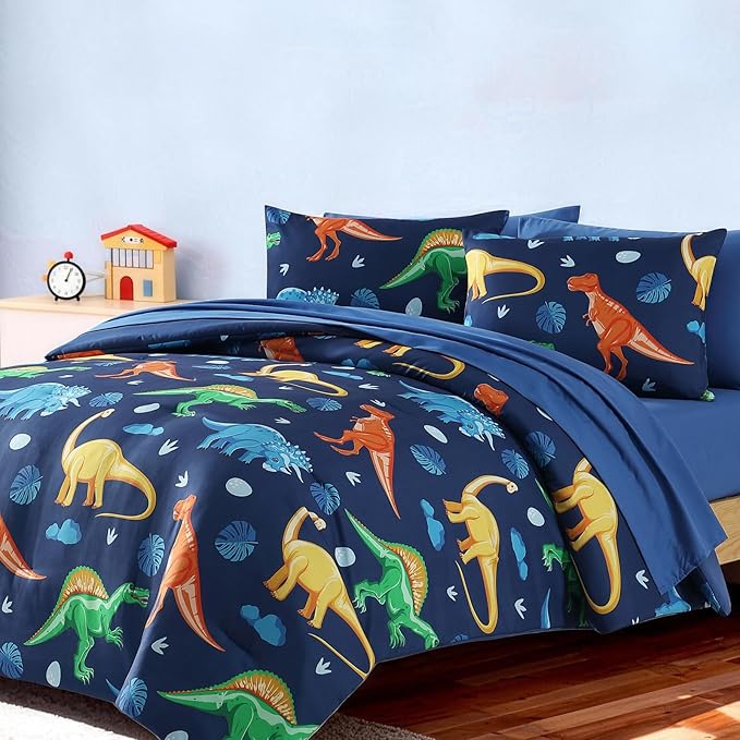 Full Size Comforter Set for Boys-7 Pieces Navy Dinosaur Full Bedding Sets for Kids, Ultra Soft Bed in A Bag with Sheets