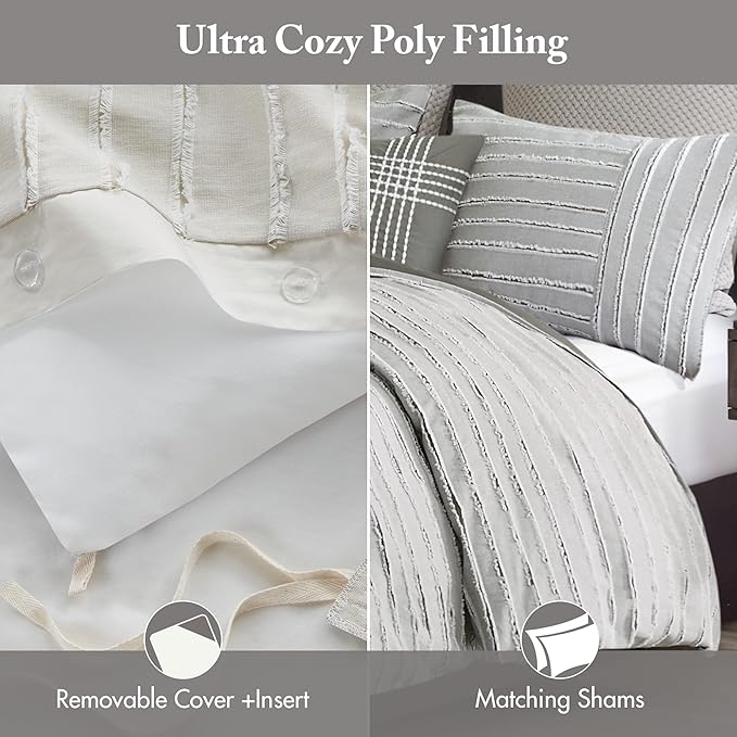 Madison Park King Comforter Set, Removable 100% Cotton Duvet Cover King Size with Insert, Farmhouse Bedding, Textured Stripe Clipped Jacquard Accent, King, Grey 9 Piece