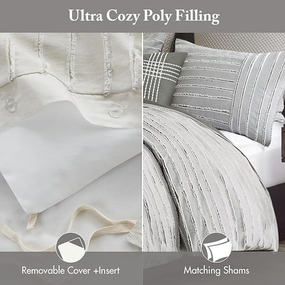 Madison Park King Comforter Set, Removable 100% Cotton Duvet Cover King Size with Insert, Farmhouse Bedding, Textured Stripe Clipped Jacquard Accent, King, Grey 9 Piece