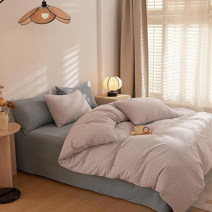 EAVD Reversible Gingham Duvet Cover King Pink Blue Grid Plaid Bedding Set with 2 Pillowcases Modern Checkerd Grid Duvet Cover with Zipper Closure Farmhouse Gingham Bedding Set for Boys Women Men