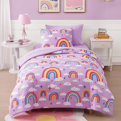 Twin Kids Comforter Set - 5 Pieces Twin Bedding Sets for Girls Teen, Glow in The Dark Purple Rainbow Bed in A Bag with Sheets