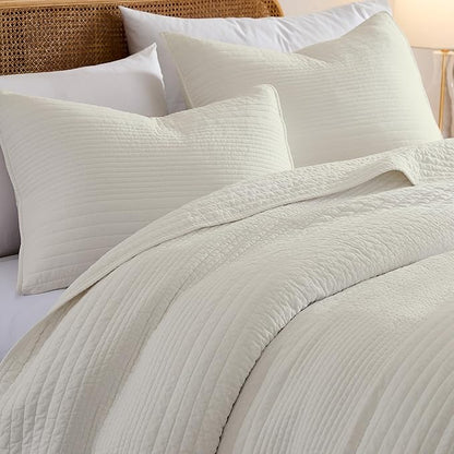 palassio Striped Beige 100% Cotton Quilt Queen Size Bedding Sets, Lightweight Crinkly Channel Pick Stitch Textured Bedspread Soft Shabby Chic Farmhouse Country Coverlet for All Season, 2 Shams