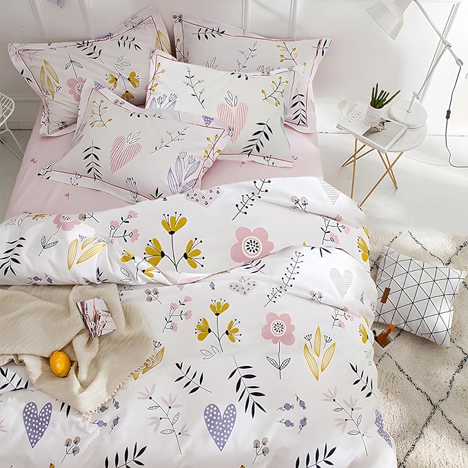 HighBuy Girls Comforter Set Twin XL White Pink Floral Bedding Sets for Kids Girl Cottagecore 3 Piece Botanical Bedding Comforter Boho Bed Set,1 Comforter and 2 Pillowcases for All Season,Twin XL