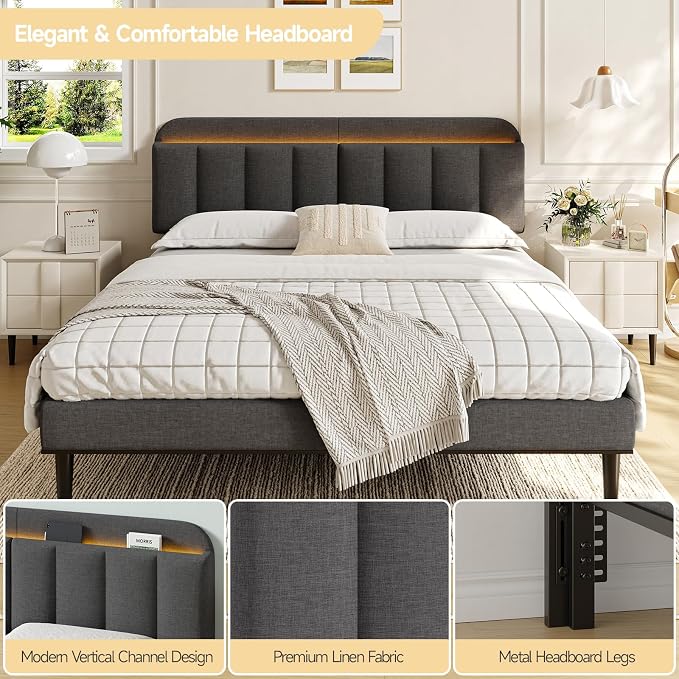 Adjustable Headboard for King/California King Size Bed Frame, Linen Fabric Bed Headboard with Storage & RGB LED Light in Modern Vertical Channel Design, Dark Grey