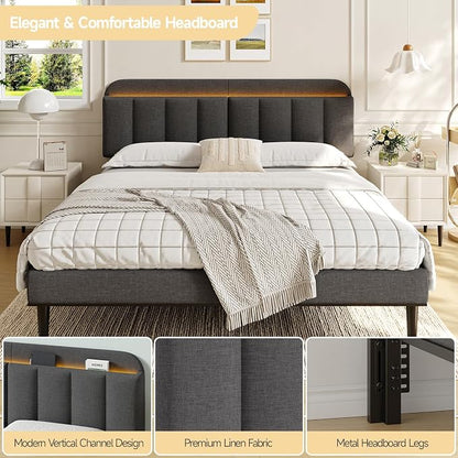 Adjustable Headboard for King/California King Size Bed Frame, Linen Fabric Bed Headboard with Storage & RGB LED Light in Modern Vertical Channel Design, Dark Grey