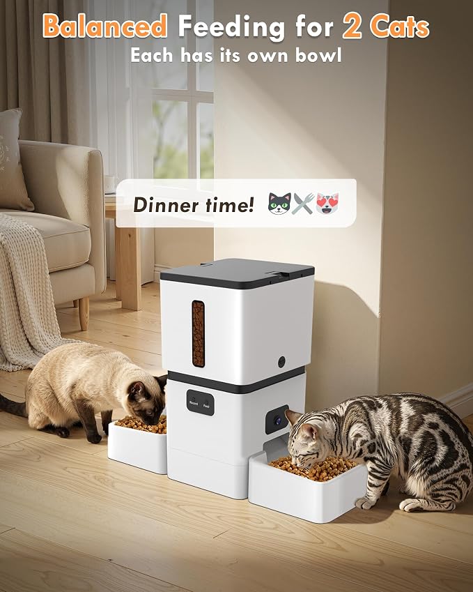 Yakry Automatic Cat Feeder for 2 Cats with Dual Bowls & Two HD Cameras | Easy Setup 5GHz Stable WiFi APP Control Cat Food Dispenser with IR Night Vision - 8L Pet Feeder for Multi-Cat & Small Dogs