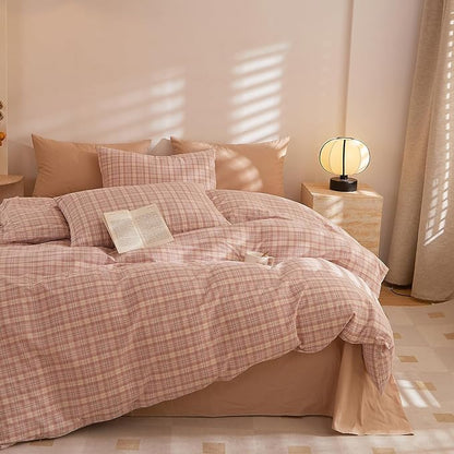 Plaid Bedroom Comforter Sets Queen Down Alternative Cute Bedding Set Fluffy Washed Cotton Cozy Boho Bedding Comforter Sets Super Soft Modern Farmhouse Bedroom Bed Comforter with 2 Pillowcases