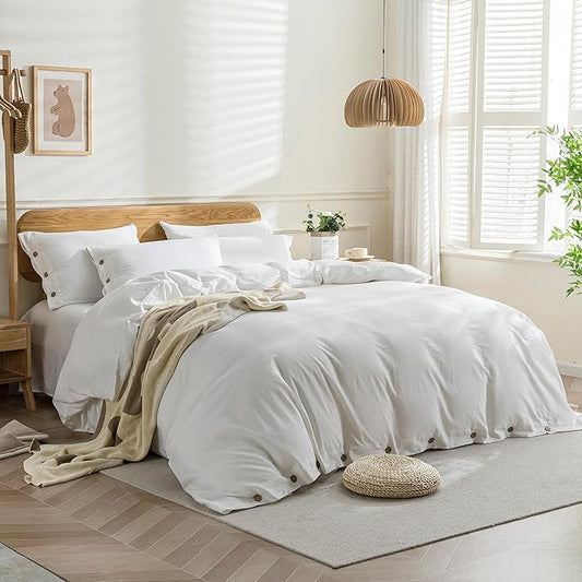 JELLYMONI White Duvet Cover Queen Size - 100% Washed Cotton Linen Like Textured Comforter Cover, 3 Pieces Breathable Soft Bedding Set with Button Closure (Bright White, Queen 90"x90")