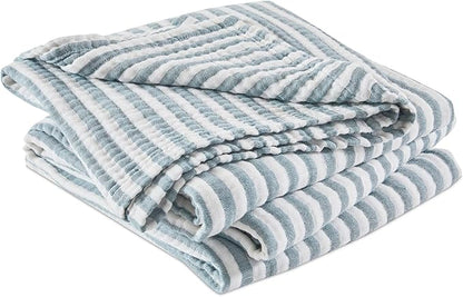 EMME Cotton Muslin Twin XL Blanket Breathable Gauze Soft Lightweight Adults Gifts for Women (Striped Teal, 66"x90")