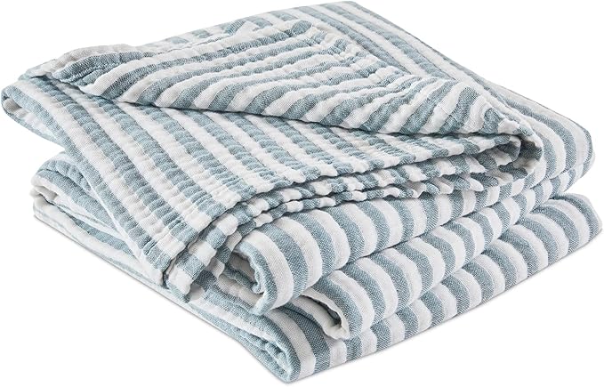 EMME Cotton Muslin Large Throw Blanket Couch Breathable Gauze Soft Lightweight Bed Blankets Adults (Striped Teal, 50"x70")