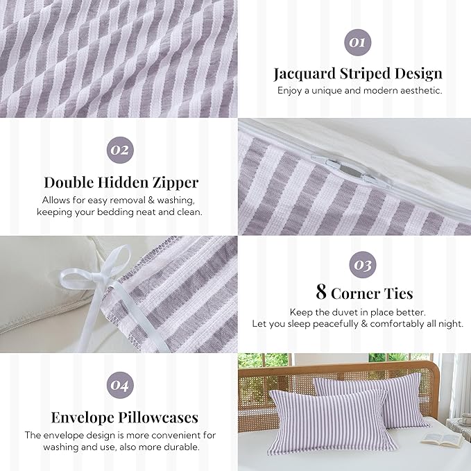 MILDLY Purple Striped Duvet Cover - 100% Washed Cotton Jacquard Boho Textured Comforter Cover 3pcs with Corner Ties Zipper Closure 80"x90"
