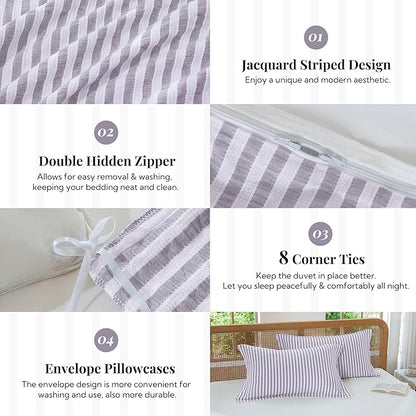 MILDLY Purple Striped Duvet Cover - 100% Washed Cotton Jacquard Textured Comforter Cover with Dual Zipper Closure & 8 Coner Ties