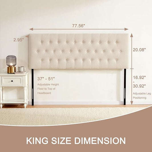 Tufted Upholstered Headboard King Size, Adjustable Height 37- 51 in, Beige | Sturdy and Durable Solid Wood Bed Headboard, Fabric King Headboard Only, Modern Button Diamond Design Head Board