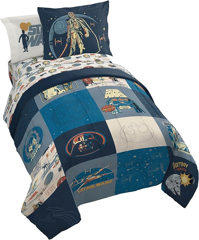 Jay Franco Kids Comforter Set Includes Sheets and Pillow Covers - Soft and Cozy Bed Set for Stylish Room Decor, Blue - Star Wars 01, 7 Piece Full Bedding