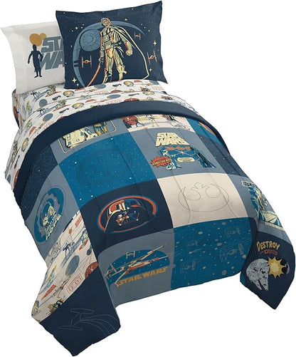 Jay Franco Kids Comforter Set Includes Sheets and Pillow Covers - Soft and Cozy Bed Set for Stylish Room Decor, Blue - Star Wars 01, 7 Piece Full Bedding