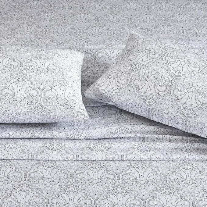 100% Cotton Sheets Set Twin Size Printed Bedding Sets, Up to 14" Deep Mattress, Farmhouse Pattern Bedlinen Set, Gray Damask