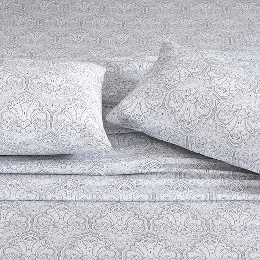 100% Cotton Sheets Set Twin Size Printed Bedding Sets, Up to 14" Deep Mattress, Farmhouse Pattern Bedlinen Set, Gray Damask